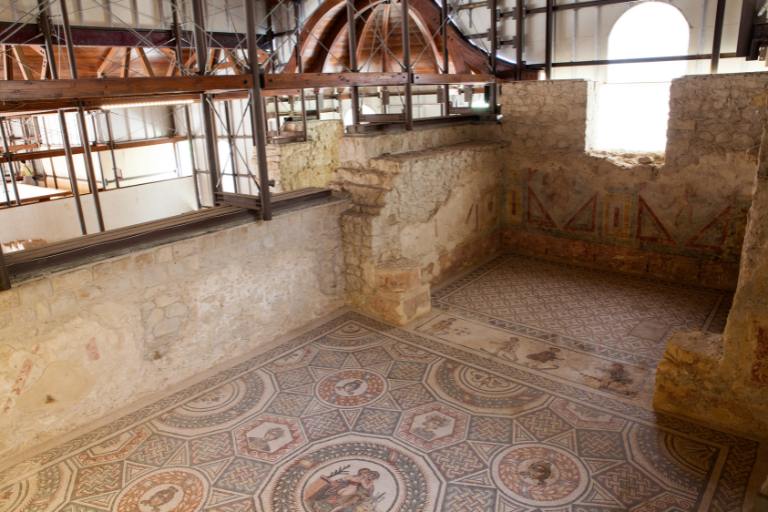 a room with a mosaic floor