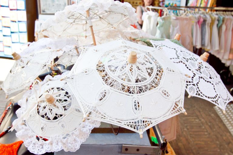 sun umbrellas made from burano lace