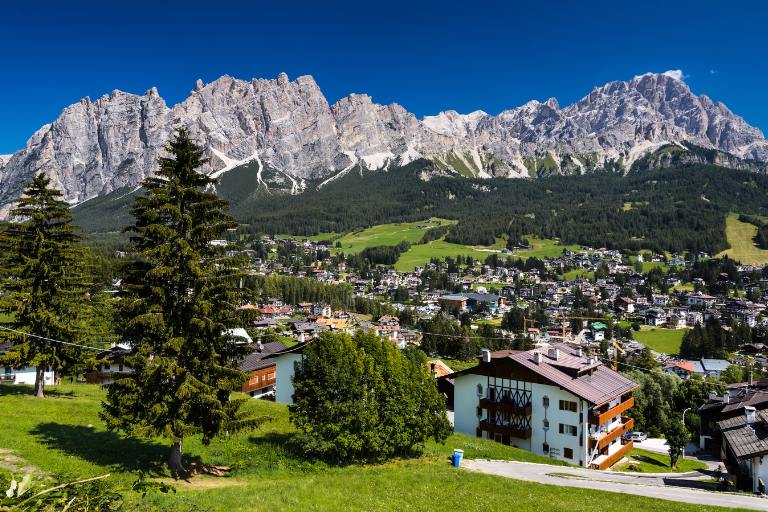 A view of Cortina in the valley surrounded by mountains